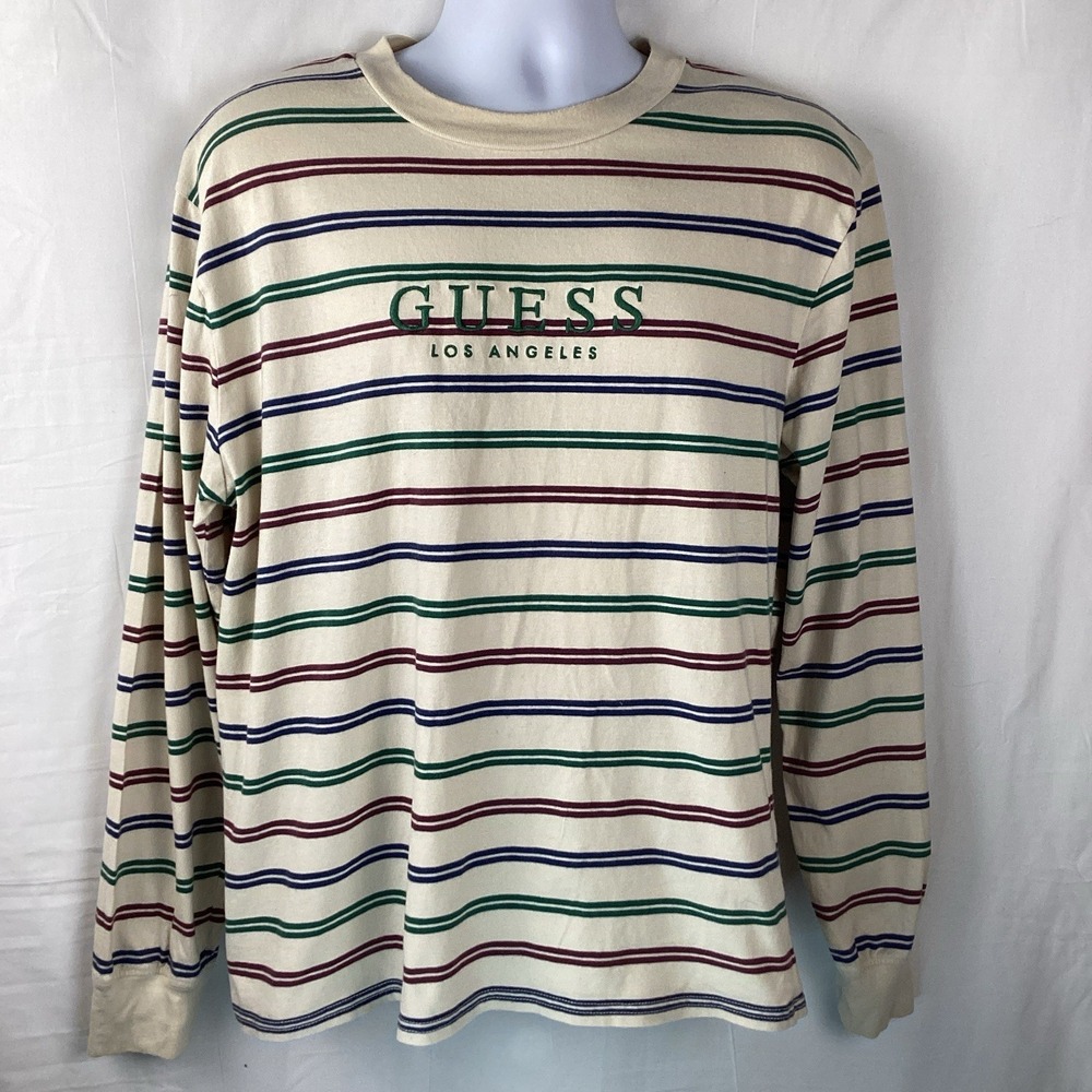 Mens Guess Los Angeles Medium Multicolor Striped Long Sleeve Shirt Retro Skater